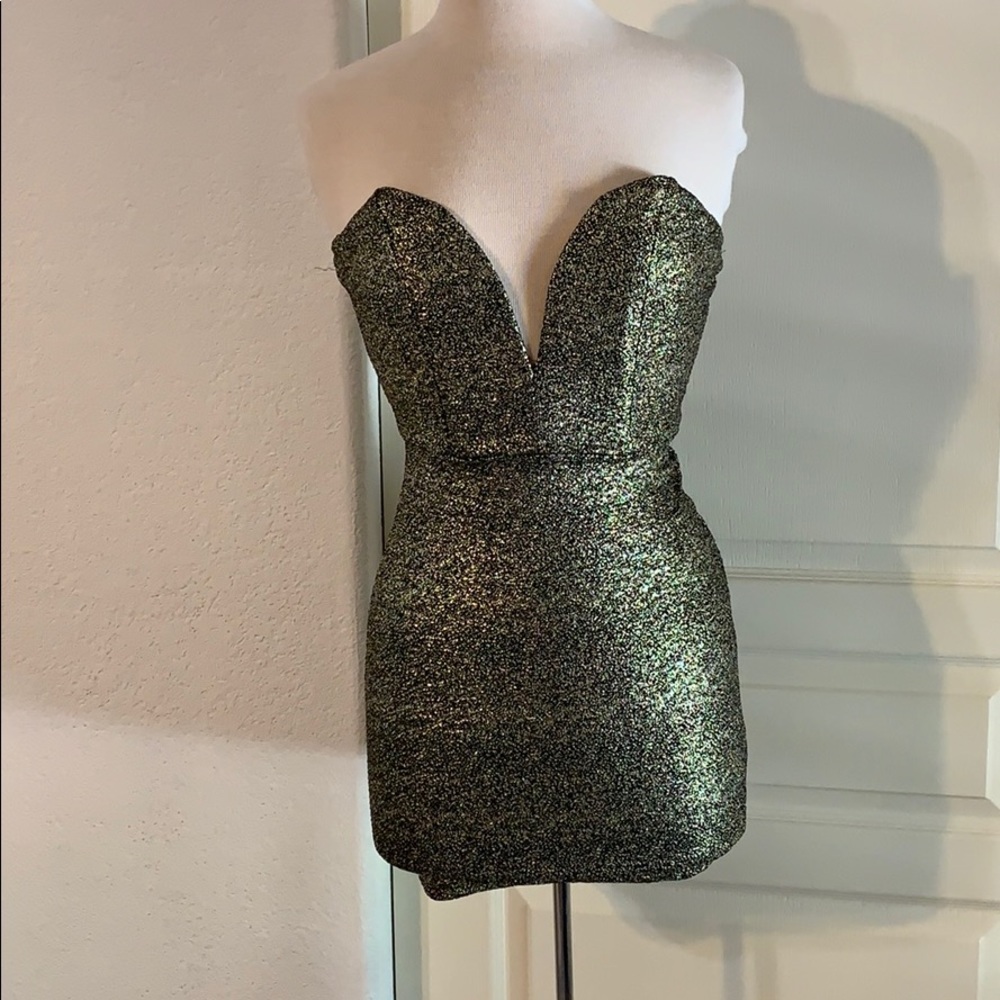 Black and gold strapless mini dress